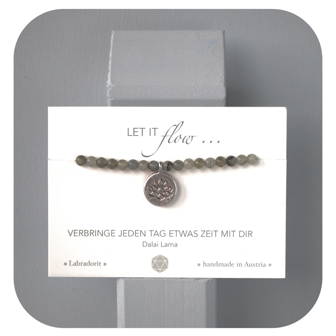 Labradorit-Mala-Armband mit Lotusanhänger | Stein der Magie | Handgefertigt in Österreich