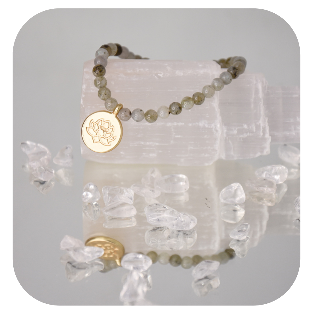 Labradorit-Mala-Armband mit Lotusanhänger | Stein der Magie | Handgefertigt in Österreich