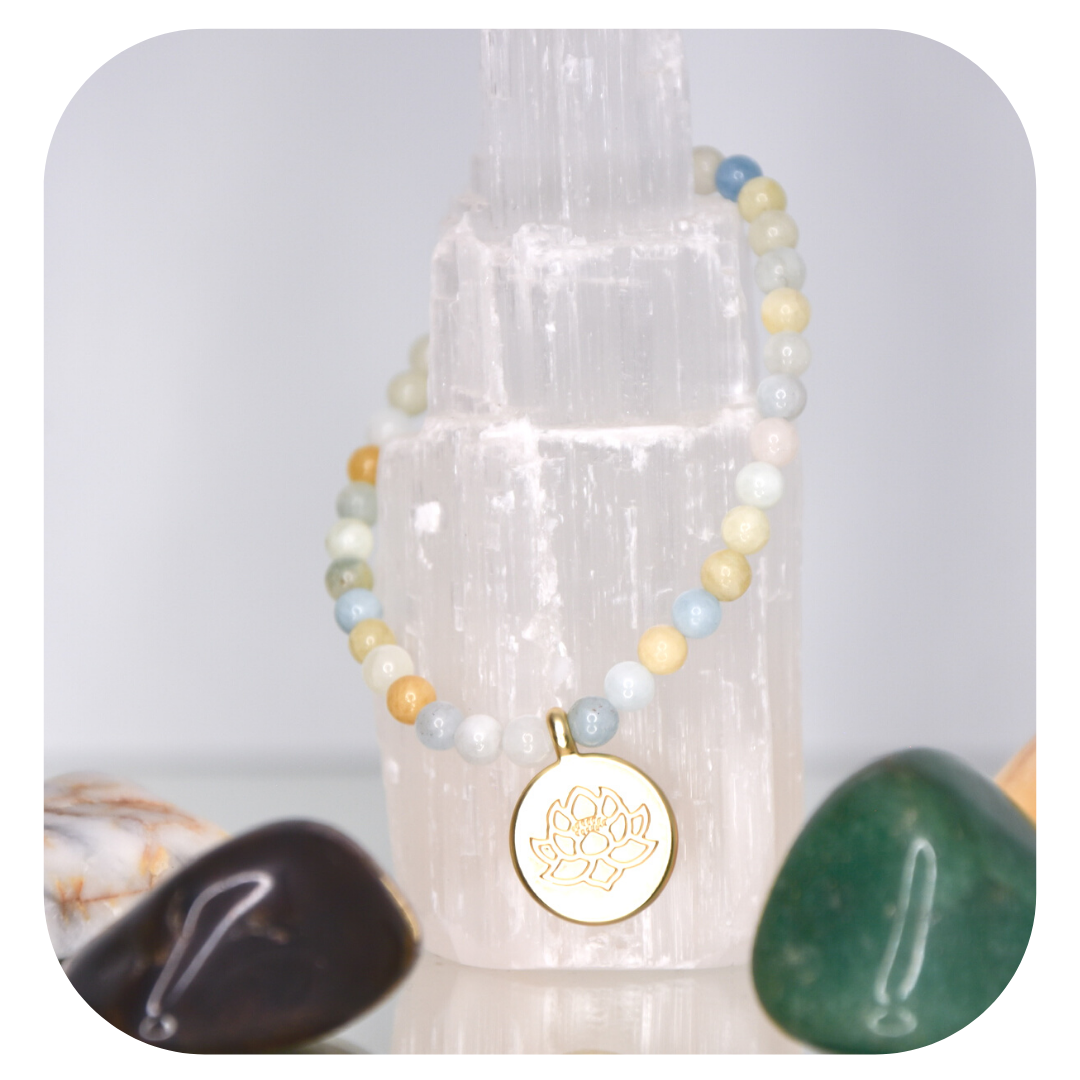 Morganit-Mala-Armband mit Lotusanhänger | Stein der Liebe | Handgefertigt in Österreich